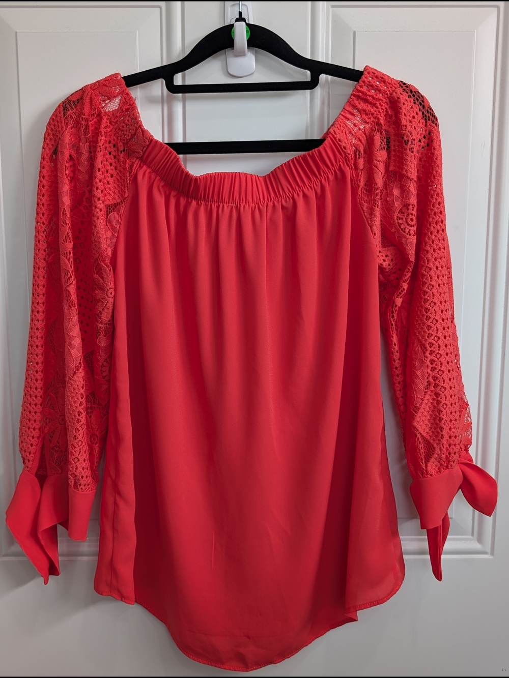 Women’s Off-Shoulder Red Crochet Sleeve Blouse - Picture 6 of 6